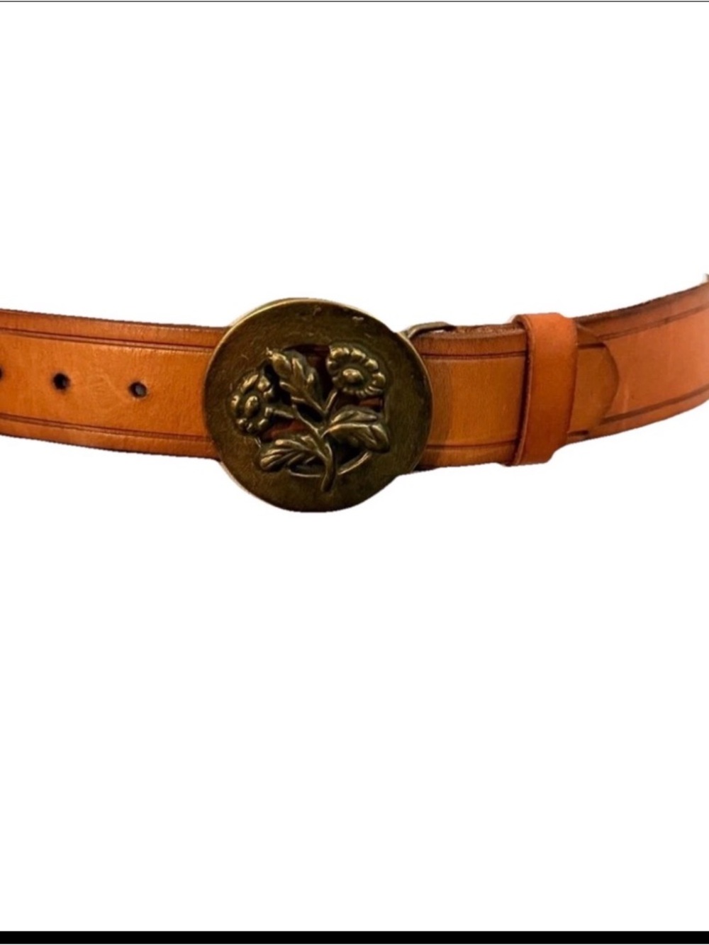 VTG Old Navy Brown Leather Belt Floral Brass Buckle Embossed Women’s Small Y2K